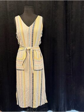 Tribal Jeans Sleeveless V-Neck Midi Vertical Striped Dress with Tie Waist